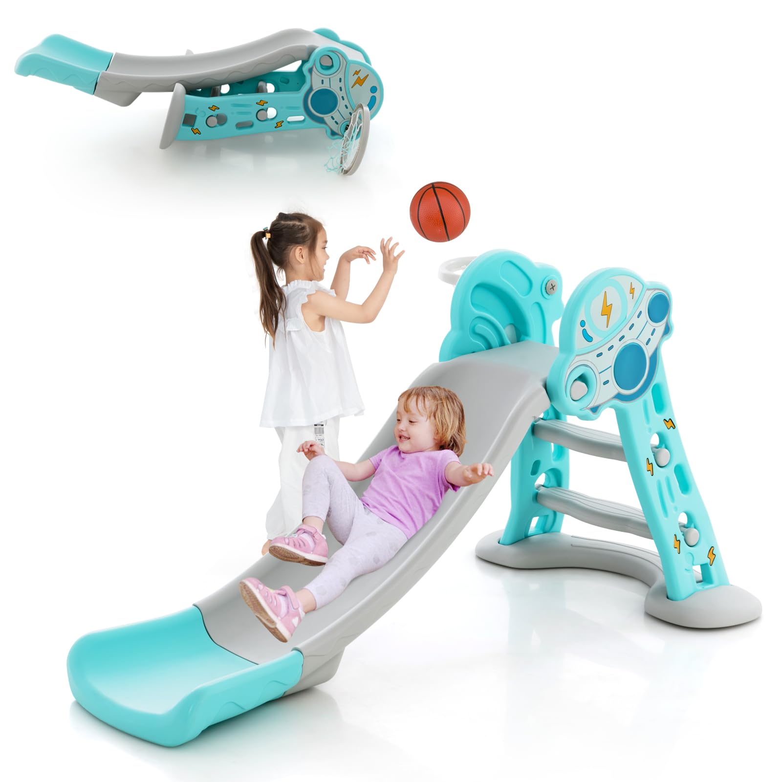 Toboggan et balançoire pour enfants 4 en 1 avec panier de basket, siège réglable, 152x149x107cm, bleu et jaune-Bleu, gris, jaune