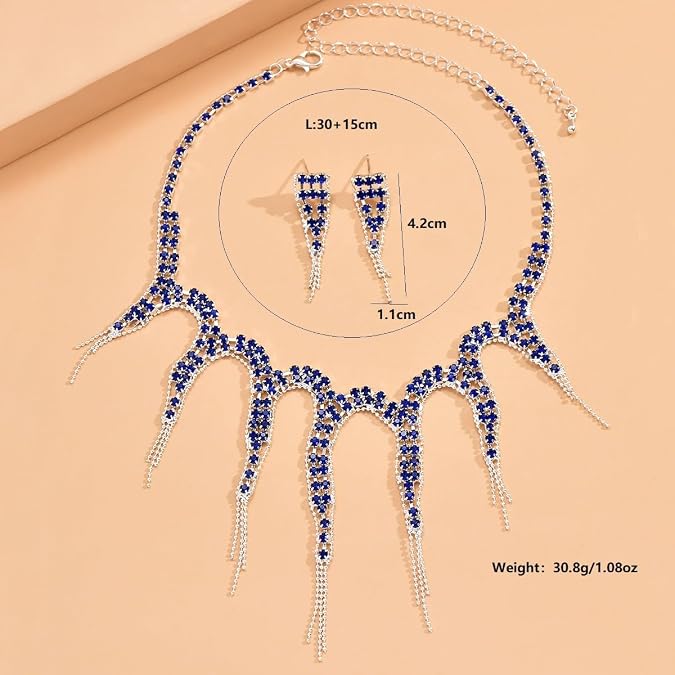 EVILD Silver Rhinestone Jewelry Set Wedding Necklace and Earring Set for Women