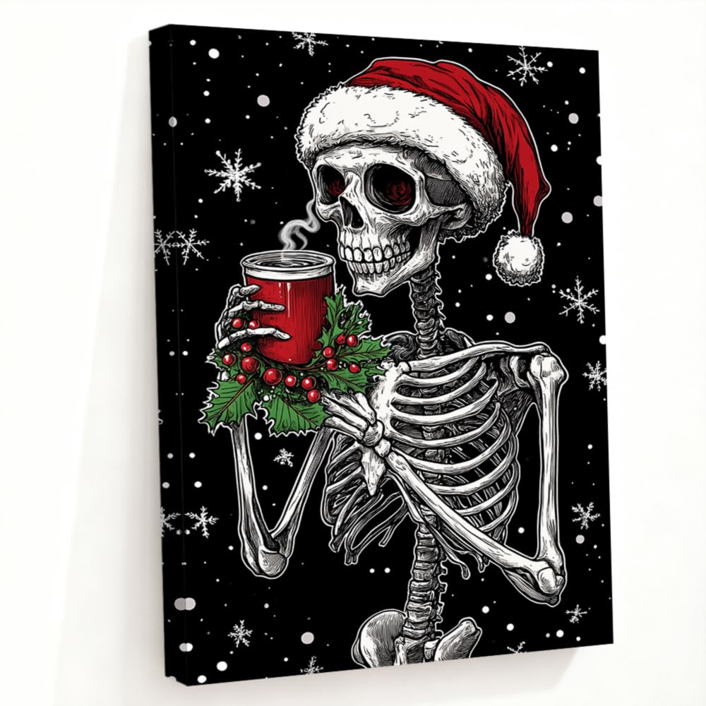 LMYSXAOZ Christmas Skull Canvas Wall Art Santa Claus Picture Prints Skeleton Gothic Painting Halloween Decor Artwork Framed Ready to Hang(Black,24L x 36W)