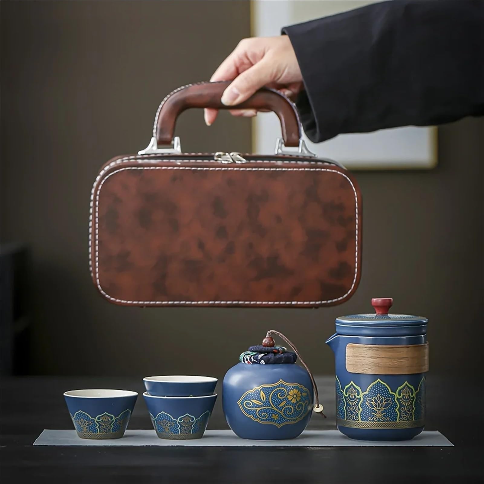 Juego De Té Portátil De Kung Fu De Viaje, Juego De Té De Cerámica Completo Con Bolsa De Almacenamiento(B 1SET)