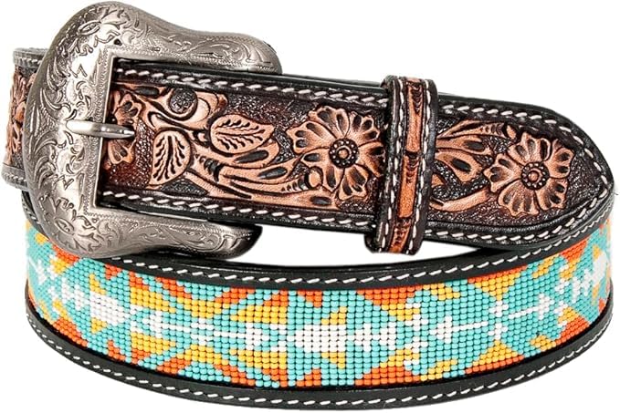Handmade Beaded Men's Leather Belt Quality Thick Colorful Designs Cowboy Western Style Wear in Pant Trouser Jeans