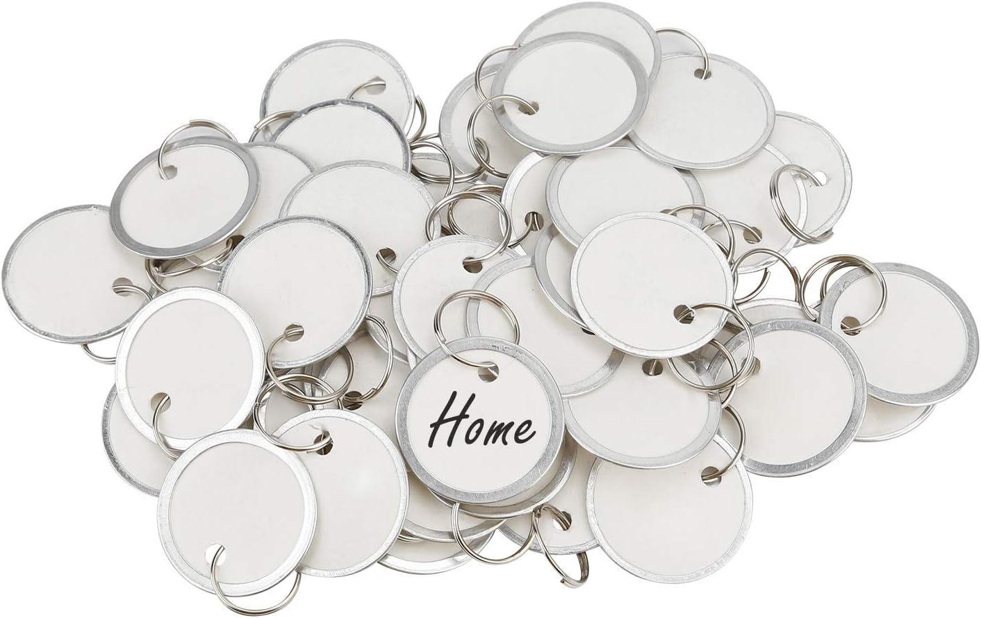 Uniclife Metal Rim Key Tags 1 Inch White Paper Labels Writable Round Plastic Key Chain Tags with Split Rings Sturdy Lightweight Item Identifiers, 100 Pack
