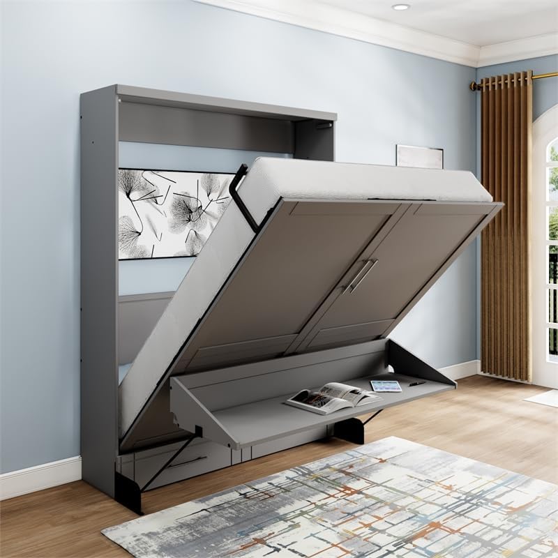 Miniatura 4 de Brentwood - Cama de escritorio de pared de madera maciza contemporánea, tamaño Queen, color gris