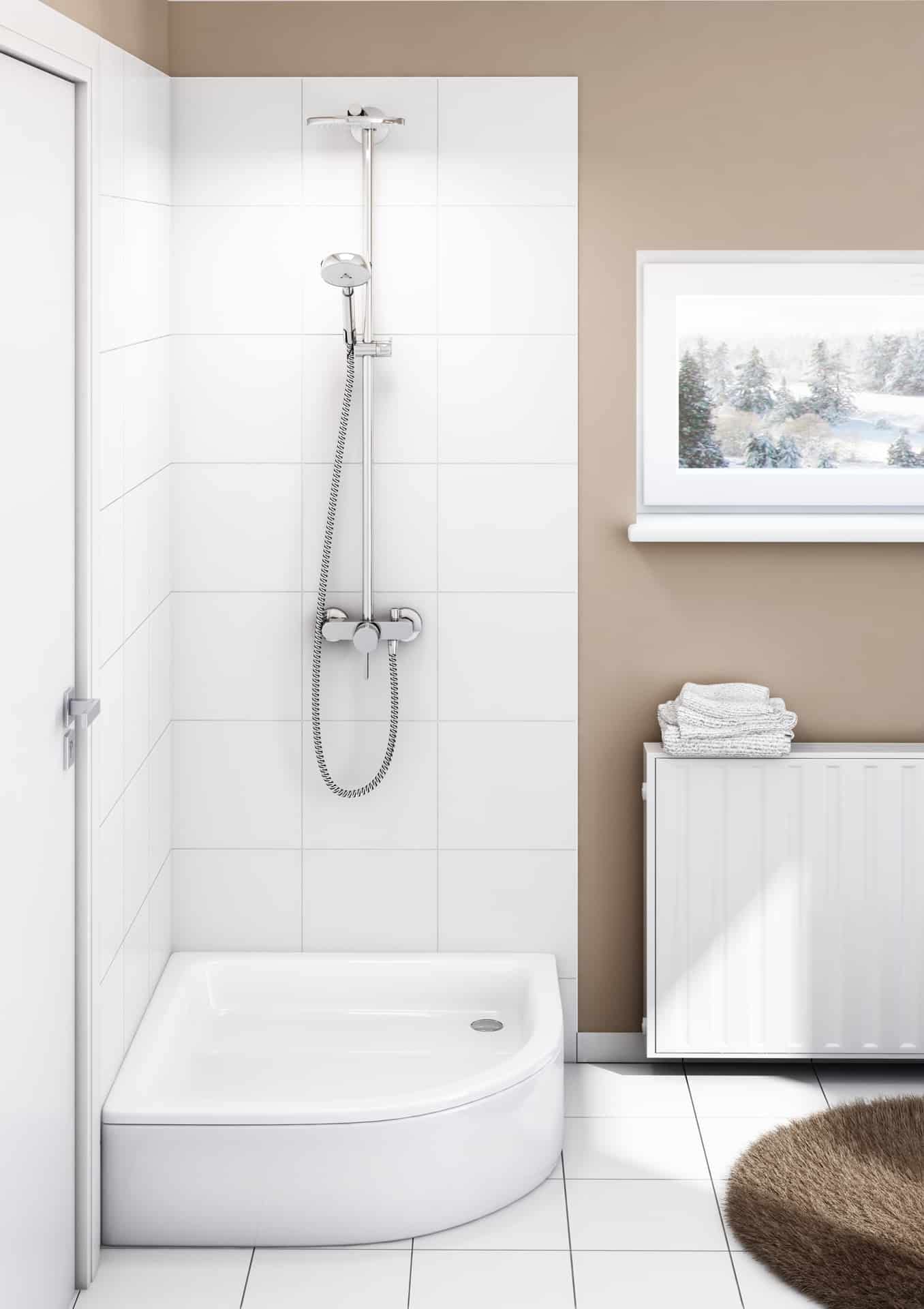 ECOLAM® Duschwanne Duschtasse Grawello Viertelkreis 90x90 x26 cm mit Acrylschürze Tiefe 12 cm R55 Acryl weiß auf Styroporunterseite + Siphon sehr stabil