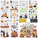 Twavang 150 Pcs Halloween Cellophane Treat Bags, Halloween Trick or Treat Goodie Bags with 170 Pcs Twists for Snacks Cookies Packing (10.8 x 4.9 inches)