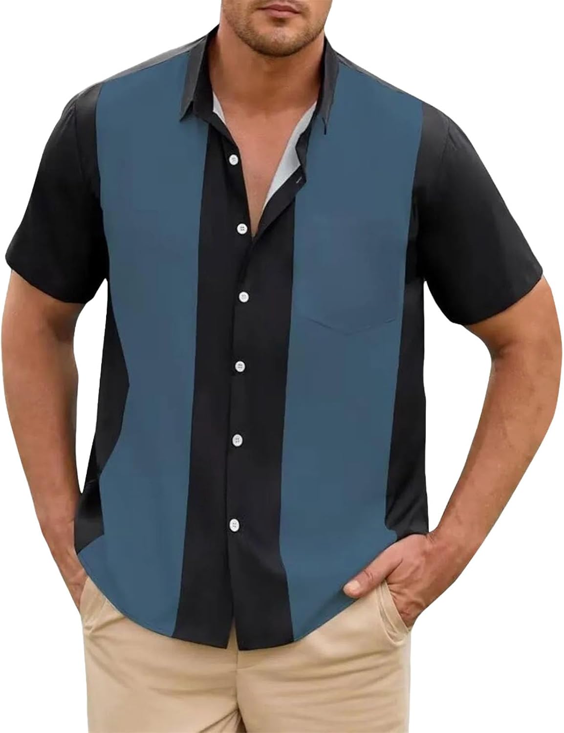 Business Stripped Splicing Shirt for Men Vintage Casual and Versatile Button Down Bowling Short Sleeve T-Shirt