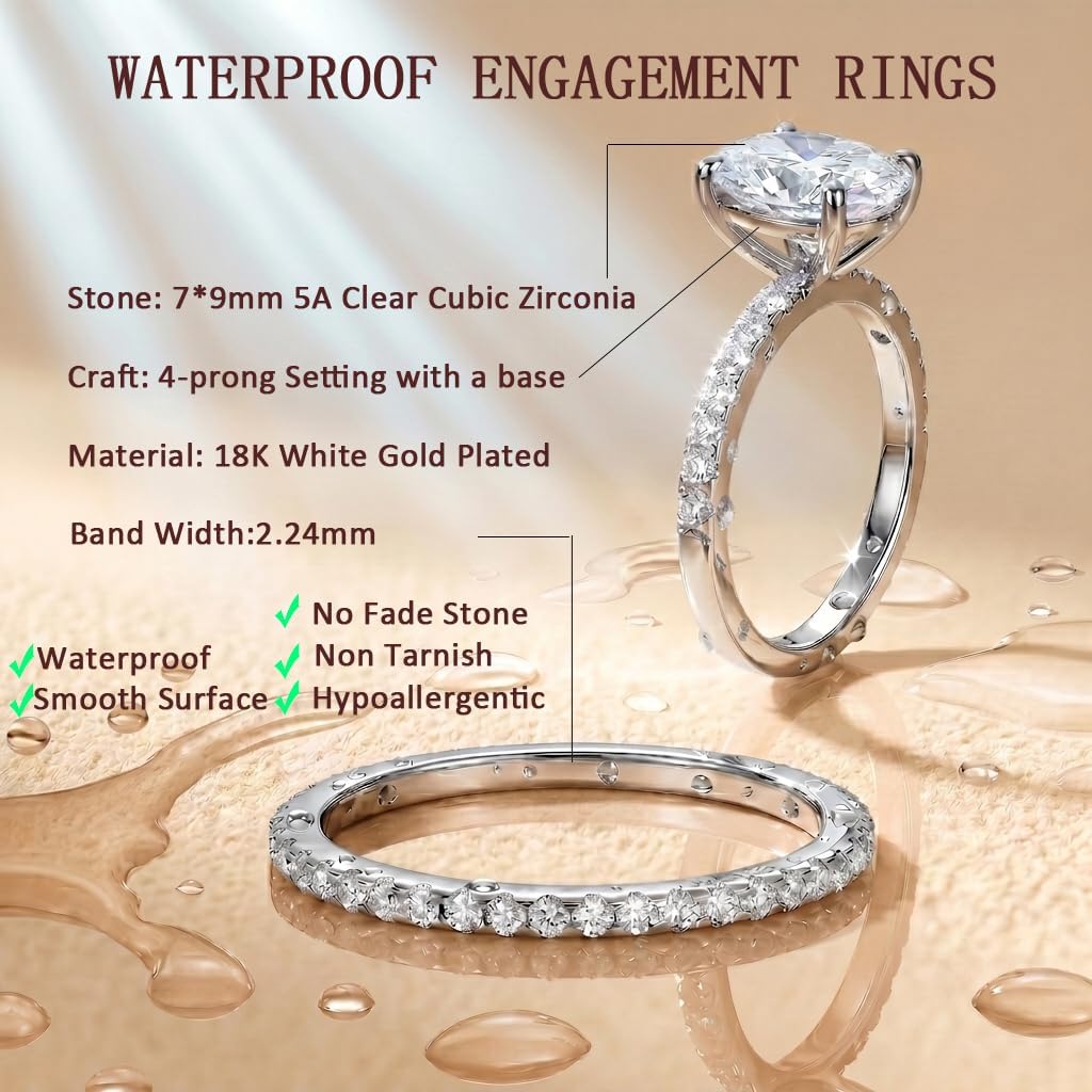 2CT Oval Cut Engagement Travel Rings Set for Women, Waterproof 18K Gold Plated Fake Wedding Ring Band Promise Rings for Her, Cubic Zicornia Ring 2 PCS, Jewelry Gifts Size 4-11