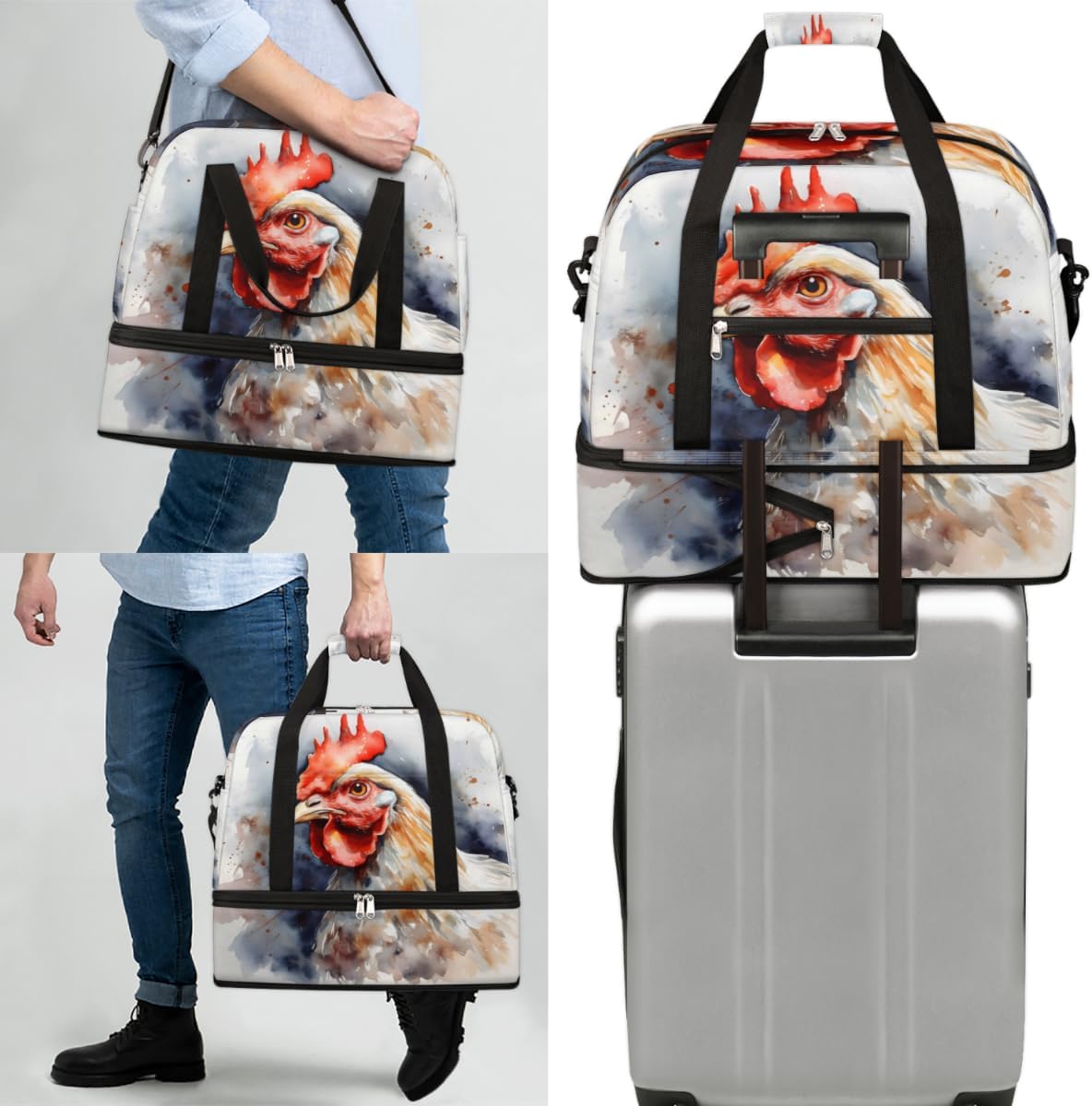 QsirBC Animals Chickens Pattern Gym Bag for Women Duffle Tote with Shoes Compartment Men Weekender Duffel for Dance Travel Sports Swimming Overnight