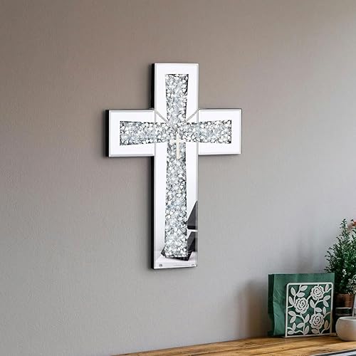 Miniatura 6 de Aeveco Espejo de cruz plateada para decoración de pared, cruz de espejo de diamante aplastado de cristal para sala de estar, dormitorio, decoración