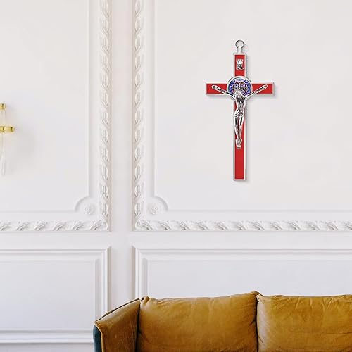 Miniatura 7 de Crucifijo grande de 7 pulgadas con cruz de pared con fianza, esmalte de metal, medalla de San Benito, arte de pared con cruz INRI, regalo de fe para