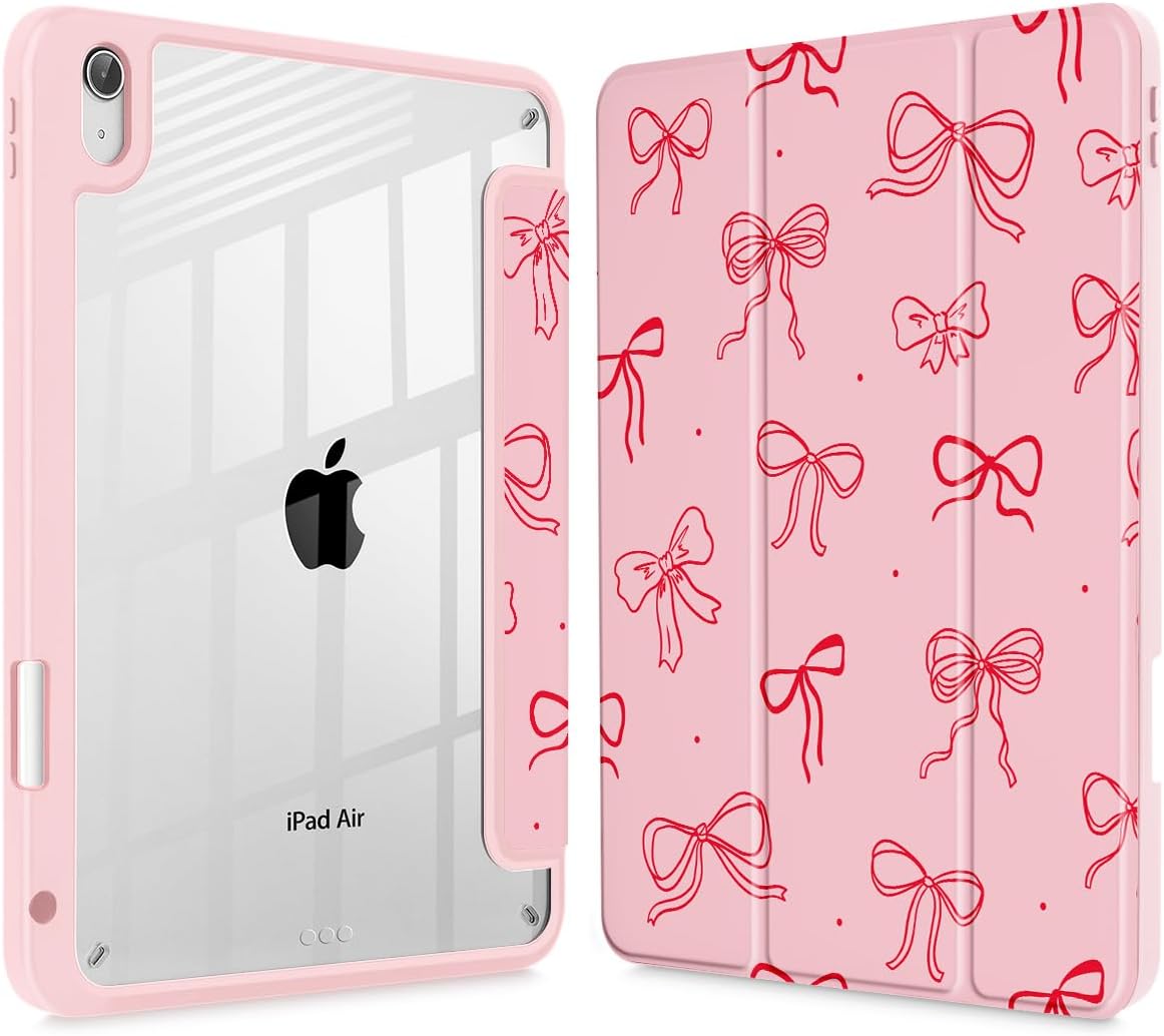 Case for iPad Air 11'' (M4 2026/M3 2025/M2 2024)/ iPad Air 10.9'' Air 5th /4th Gen, Shockproof Cover with Clear Back Shell & Penceil Holder Auto Wake/Sleep Stand Cover, Pink Bows