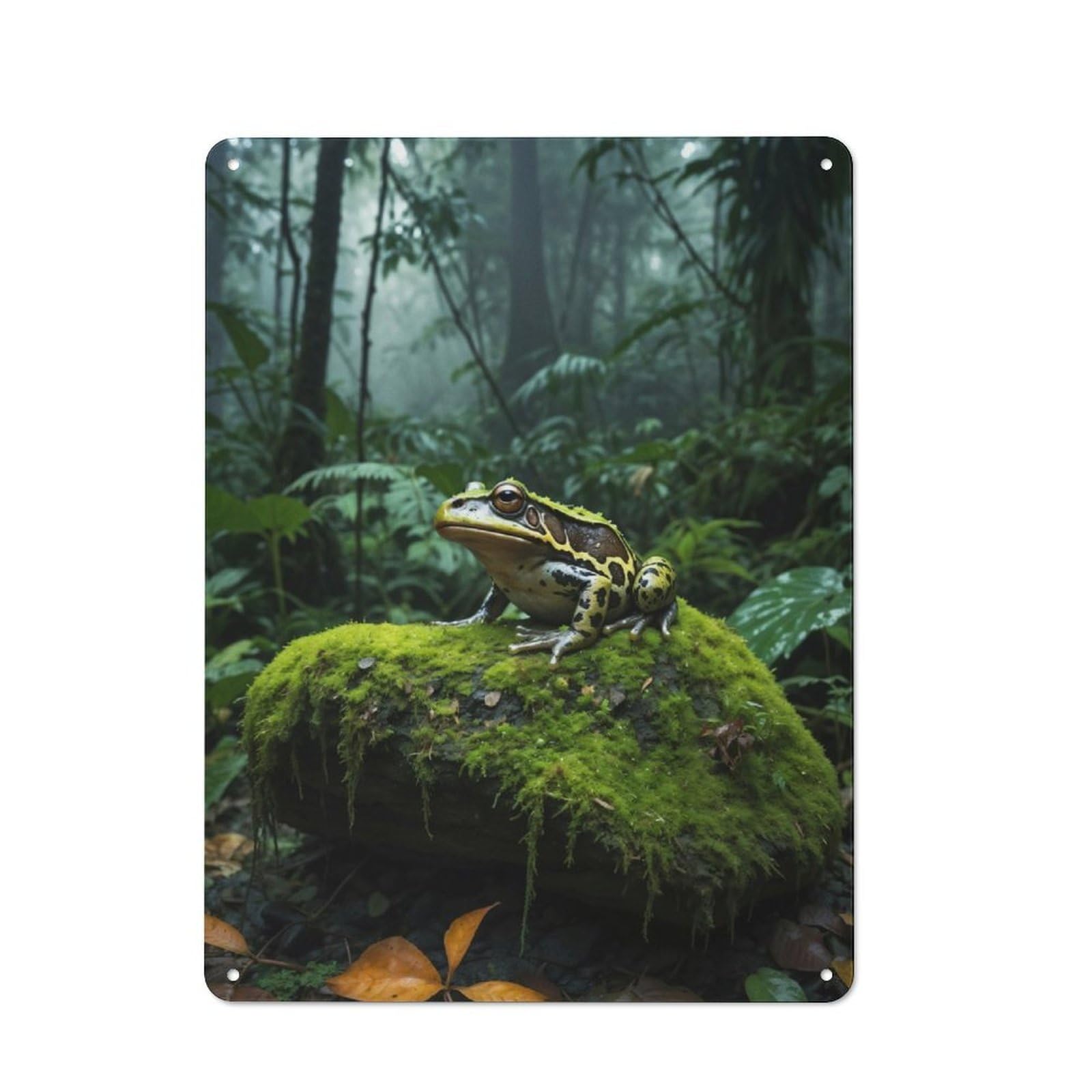 Junmoney Green Frog On Mossy Rock Rustic Metal Sign 40X30cm For Hallway Wall, For Collectors Of Rustic Metal Wall Decor