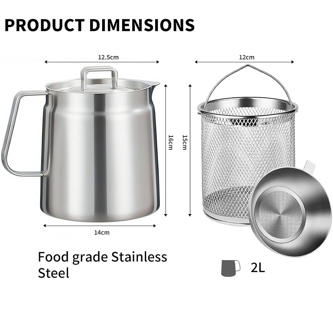 Pentola per friggitrice con cestello e colino, 2 l, grande capacità, in acciaio inox 304, filtro dell'olio per cucina, friggitura, cucina, campeggio