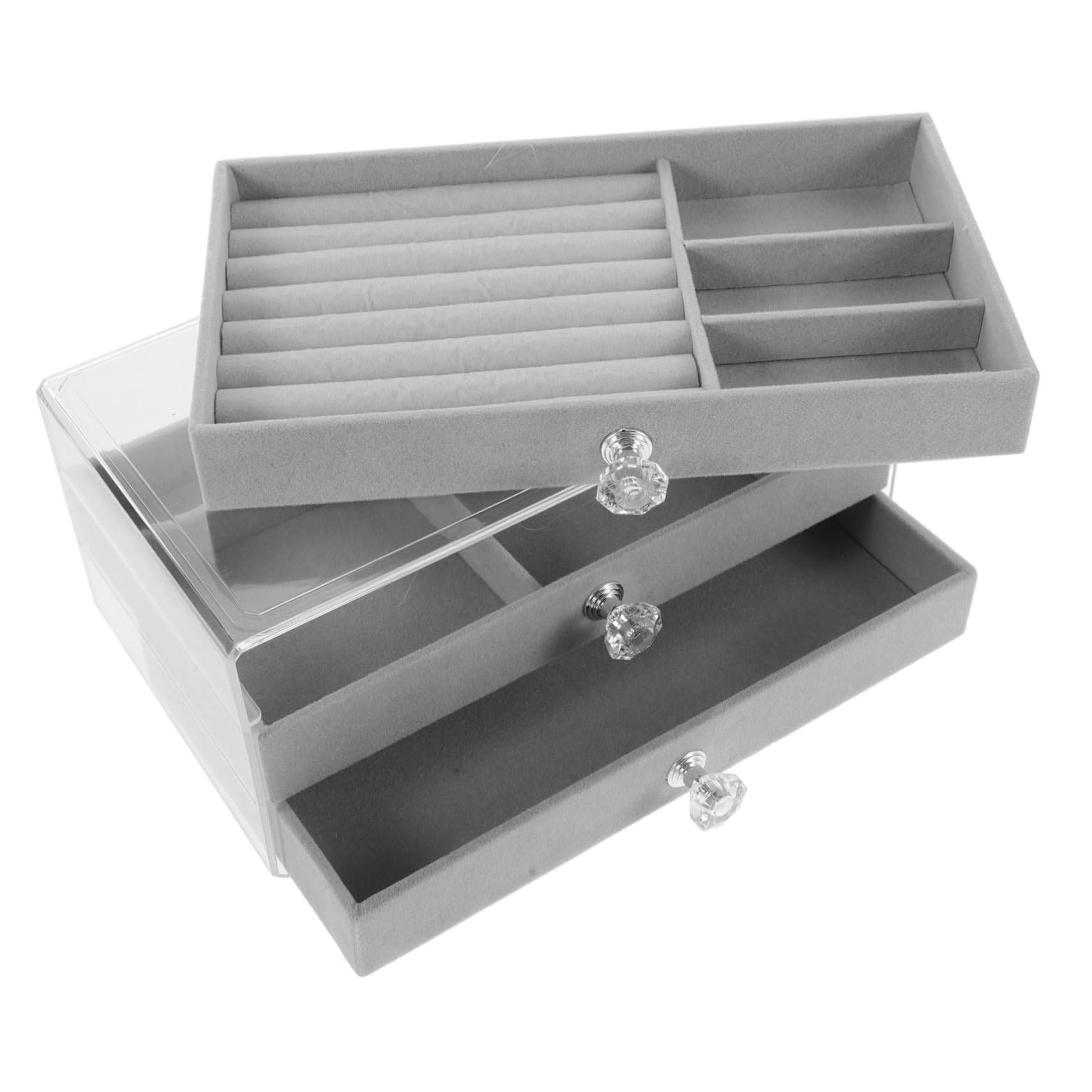 Boîte de rangement transparent pour boucles d'oreilles sur une coiffeuse rétro