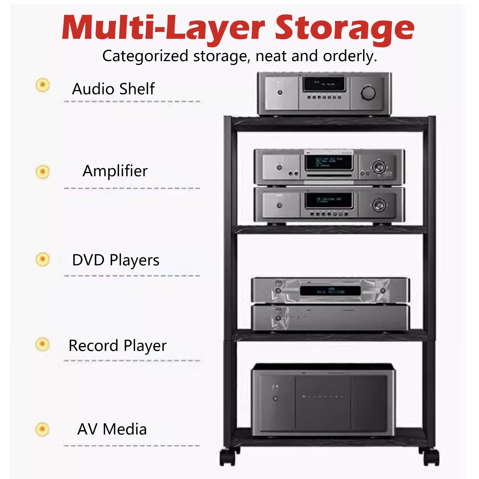 HiFi-Stereo-Regal für Wohnzimmer, 2-stöckig, AV-Media-Ständer auf Rädern, DVD-Player, Aufbewahrungsschrank, kompaktes Entertainment-Center für kleine Räume (weiß)
