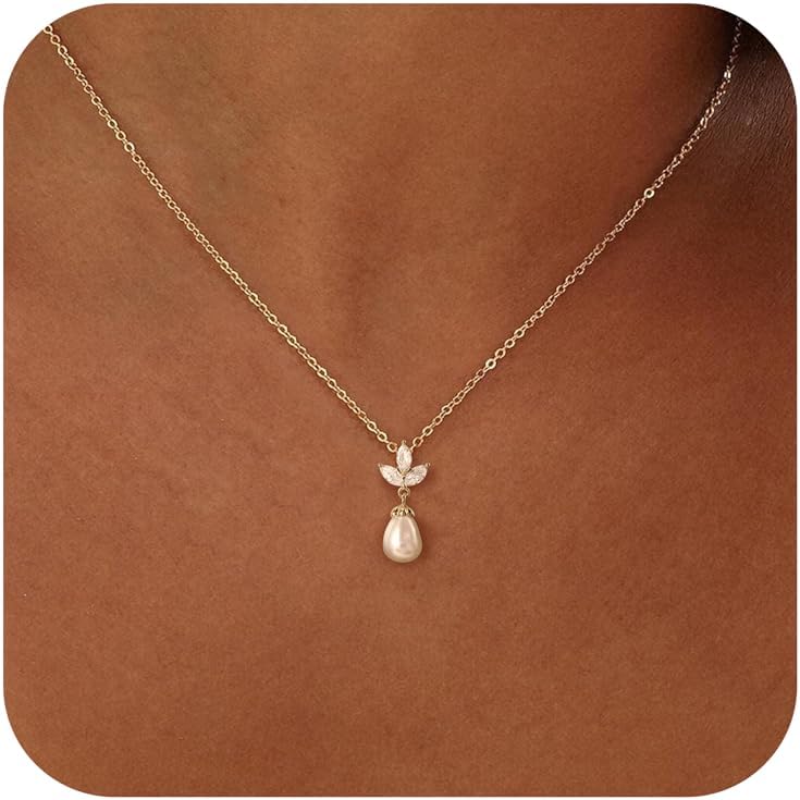 Hayopi Dainty 14K Gold Plated Pearl Pendant Necklace for Women - Non-Tarnish Adjustable Choker Wedding Bridesmaid Gift