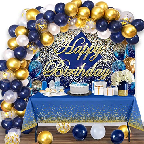 87Pcs Décoration Anniversaire Bleu Marine et Or Confettis Ballons Arche Guirlande Bleu Bannière Toile de Fond de Photographie Nappe de Table Décor Fête de Or Bleu d'Anniversaire pour Hommes Femme Cover