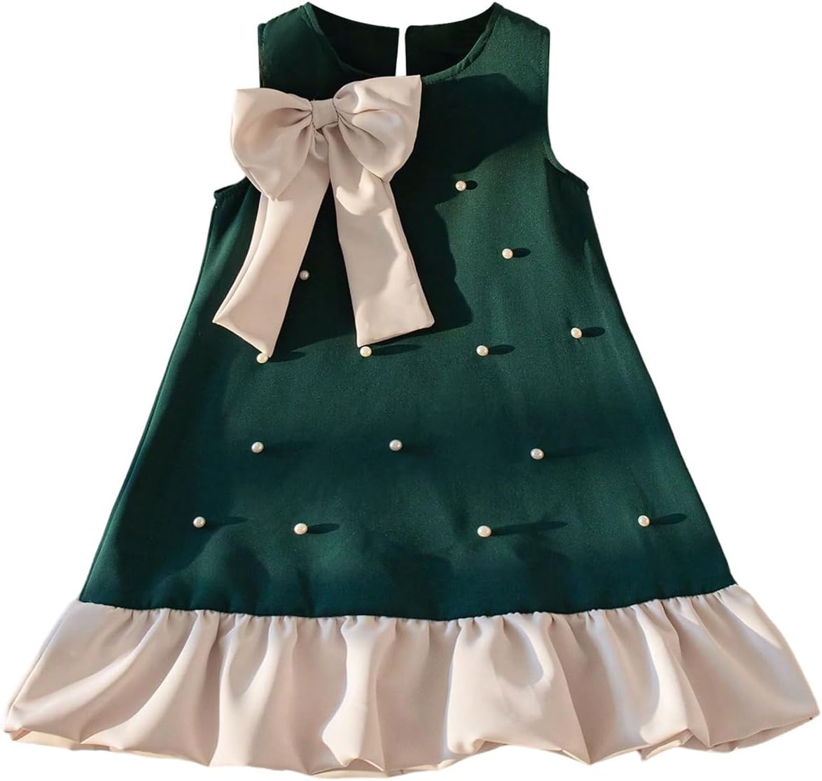 GORGLITTER Girl's Bow Pearl Easter Dresses Summer Cute Graduation Princess Ruffle Sleeveless Party Skater Short Dress