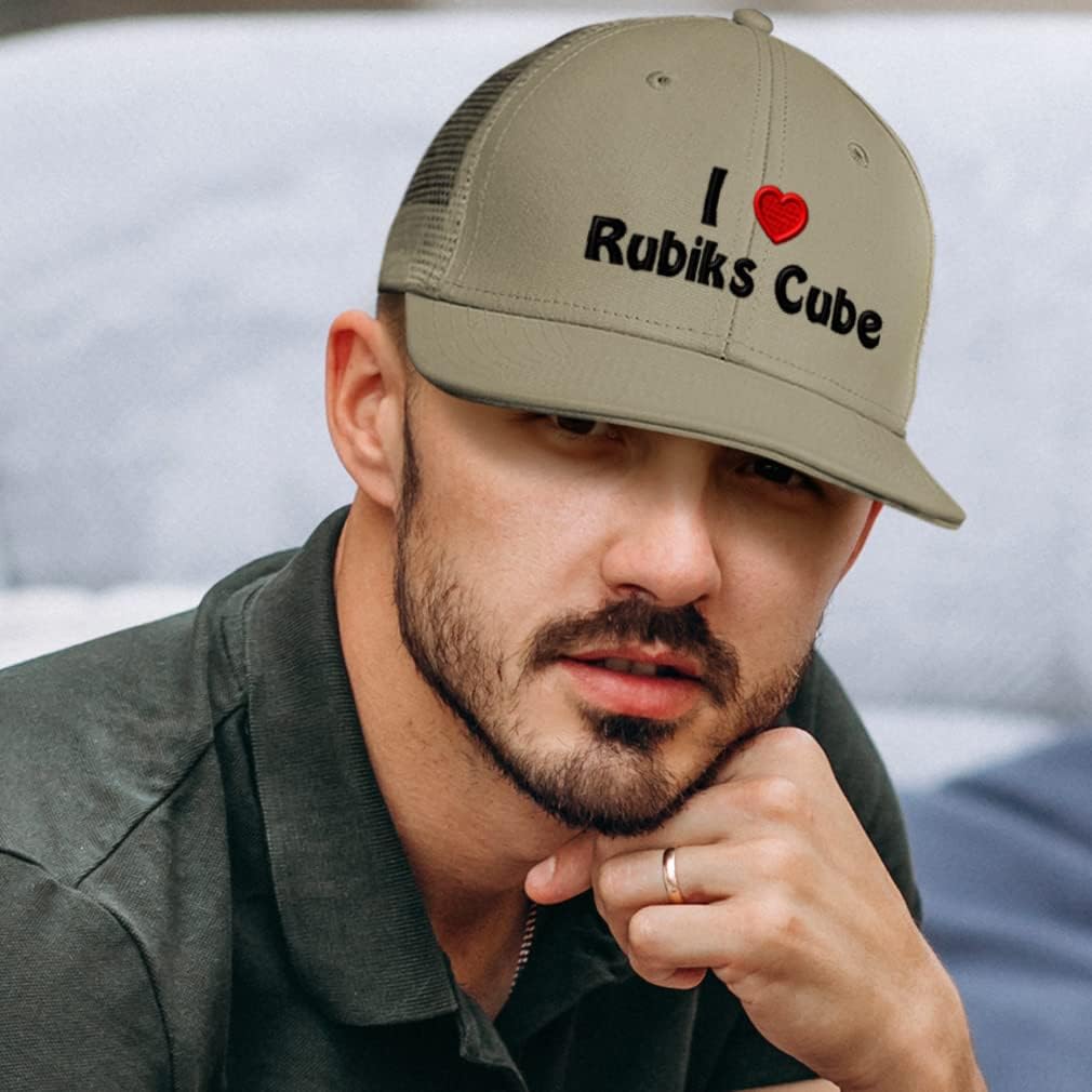 Custom Trucker Hat Baseball Cap I (Love) Rubiks Cube Red Heart Hobbies Lovers Board Games Rubiks Cube Cotton Lovers Dad Hats for Men & Women Loden Black Design Only