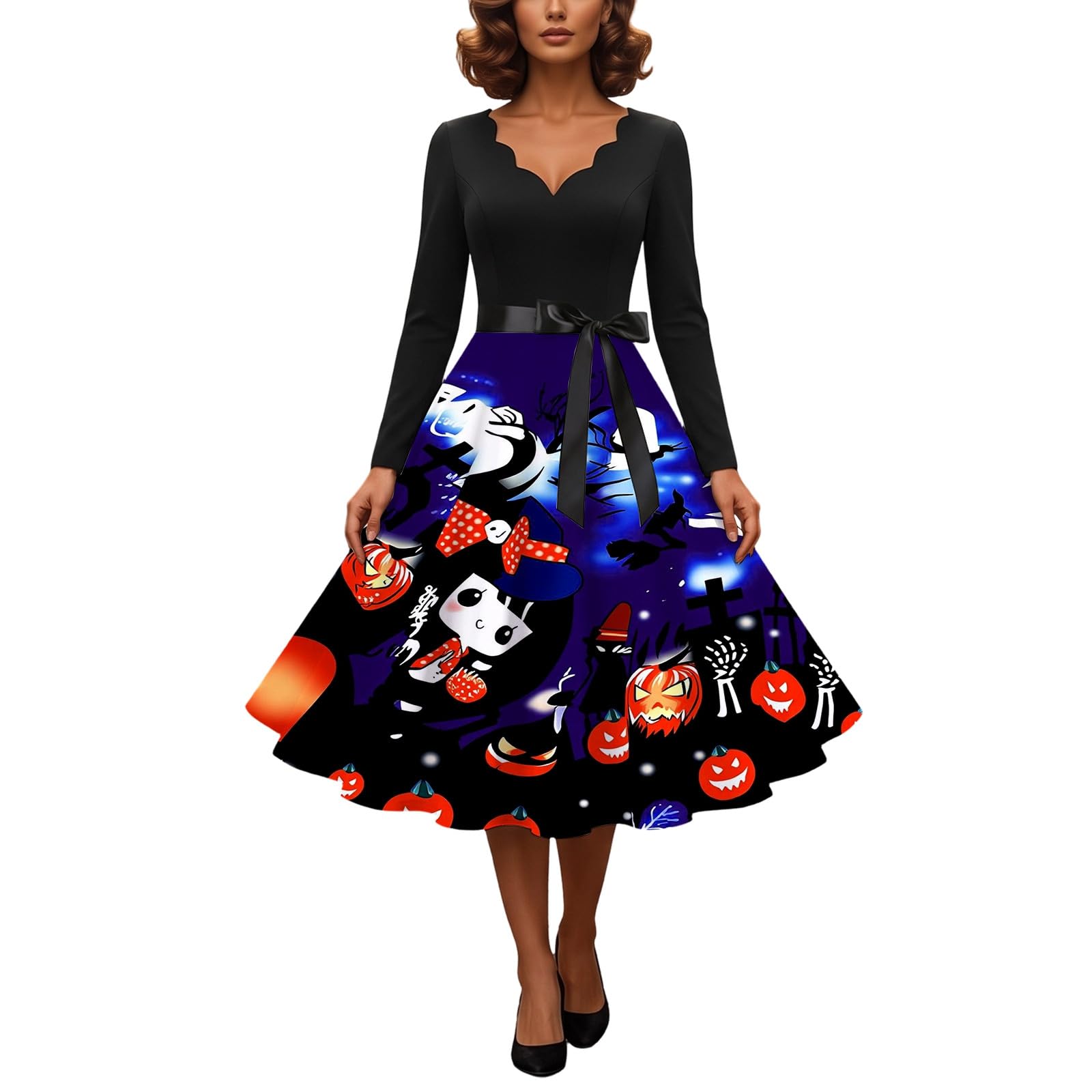 Halloween Costumes Adult Women 2026 Retropumpkin Skeleton Print Long Vintagewitch Dress V-Neck Long Sleeve A Line Swing Dress Party Cocktail Novelty Maxidresses