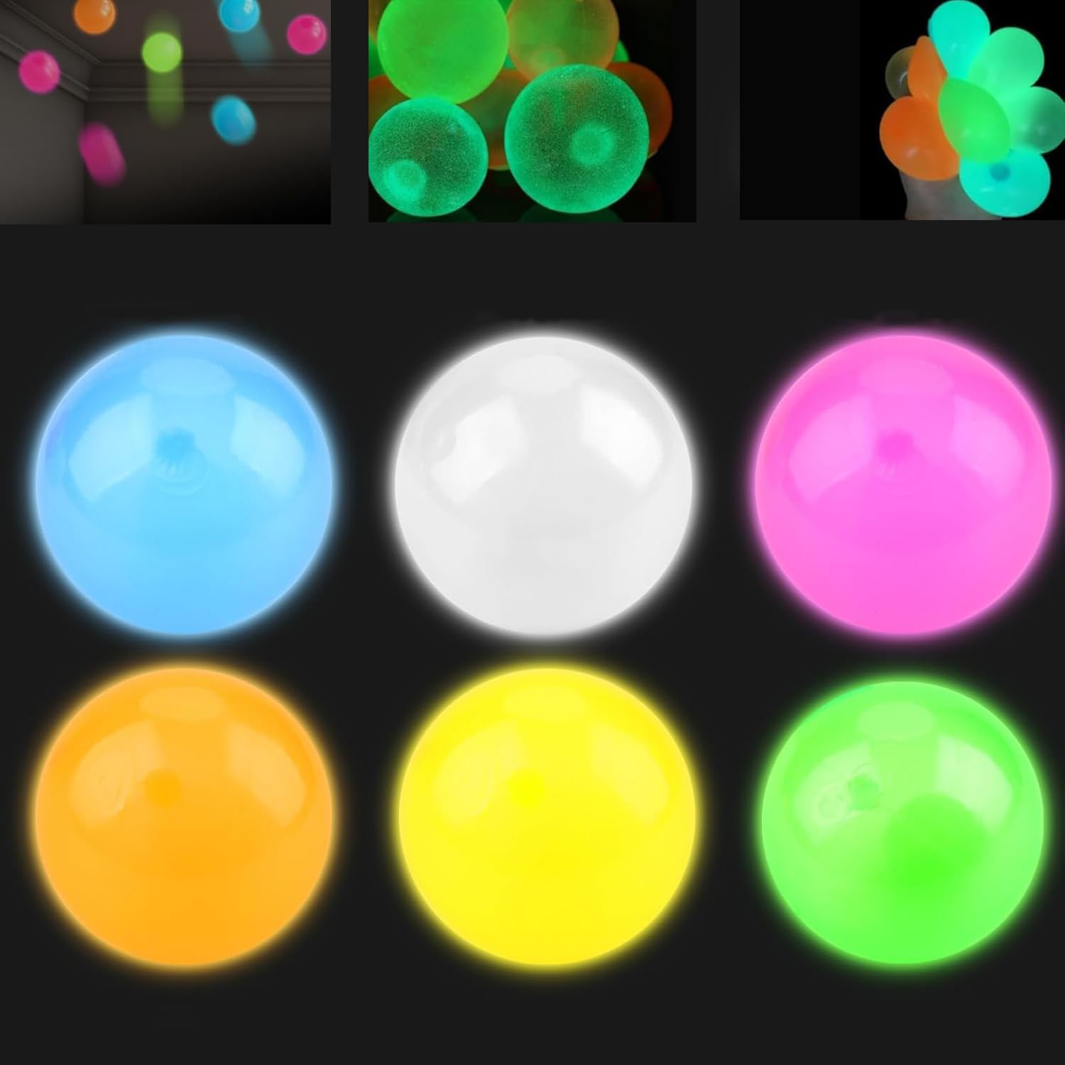 Ruichi 6pcs Glorbs Balls, Night Stress Balls for Adults Sticky Balls Ceiling Glow in The Dark Fidget Toys