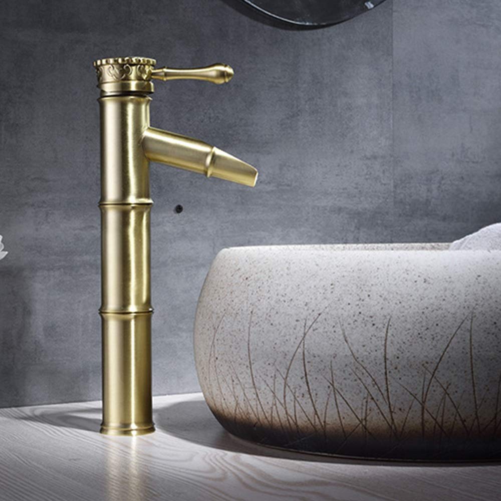 European Retro Carved Bamboo Bathroom Basin Faucet Copper Above Counter Basin High Metal Brushed Gold Antique Hot and Cold Faucet Set Beautiful Practical
