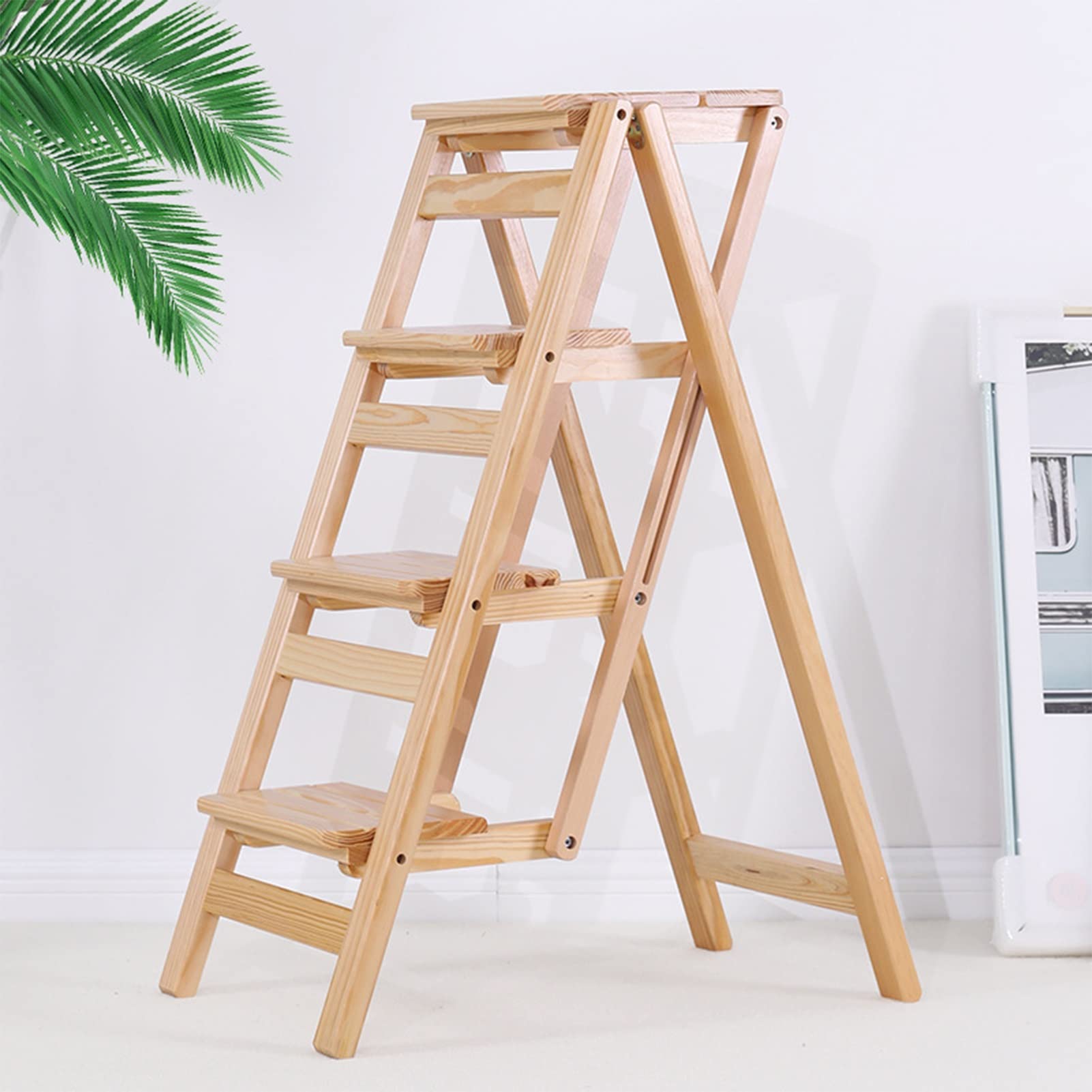 Escalera plegable de madera maciza para cocina, multifuncional, escalera de 4 escalones con diseño portátil, pequeña escalera plegable de madera