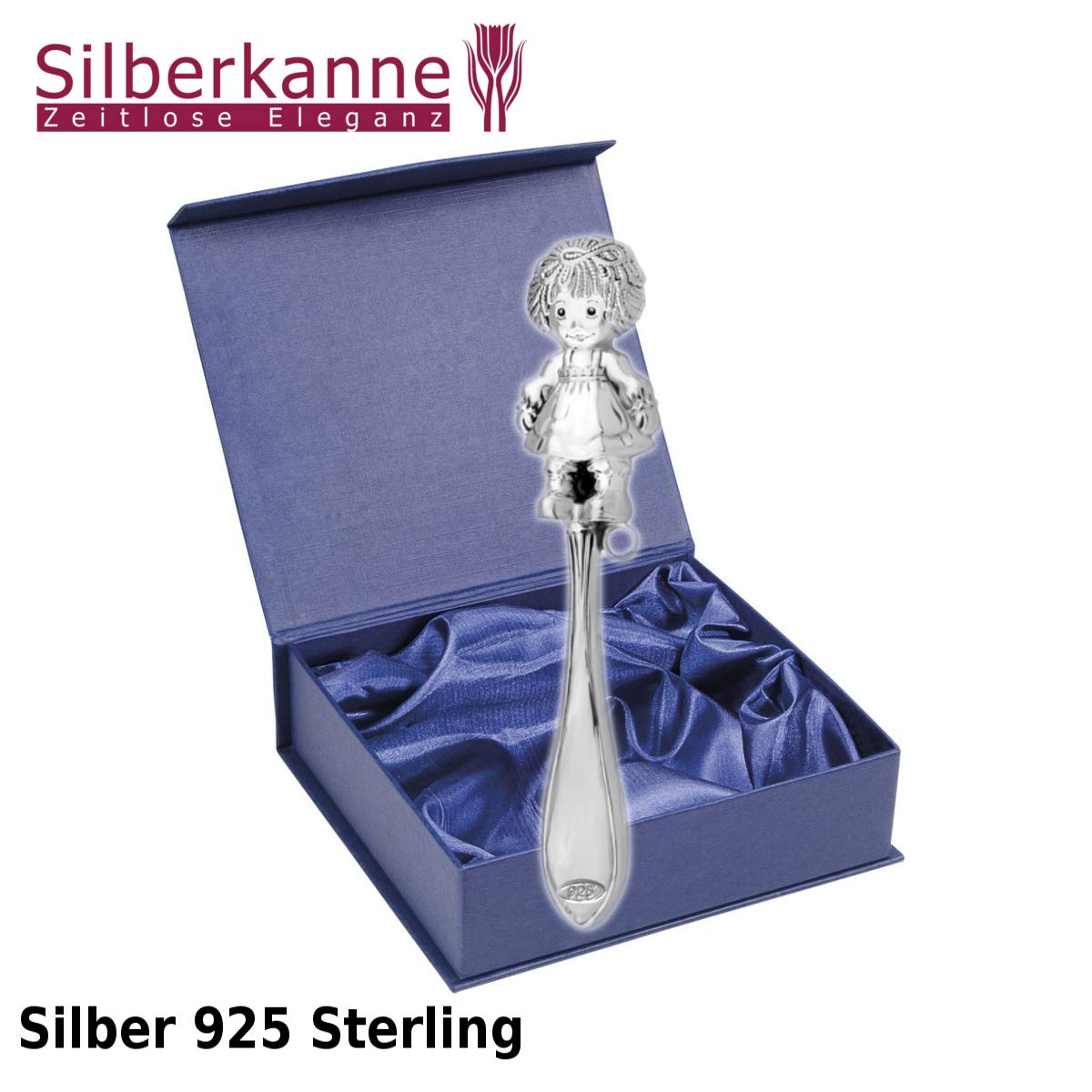 Babyrassel Silber 925 Sterling für Mädchen – Echt-Silber Rassel 14 cm – Hochwertige Verarbeitung inkl. Geschenkbox