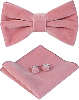 HOULIFE Bow Tie Set for Men Adjustable Velvet Pre-tied Bowtie, Solid Colour Pocket Square, Cufflinks Set for Groom Wedding Party Formal with Gift Box