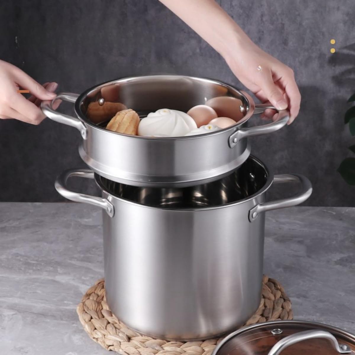 6L鍋！ひと鍋で一度に3種調理！ステンレス 二重鍋 蒸し器付き Amazon｜Qobvoeh ステンレス二重鍋 蒸し器付き ステンレス二重鍋
