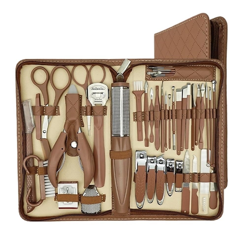 Tagliaunghie 42 pezzi Set tagliaunghie in acciaio inossidabile con motivo a diamante, cerniera, pinze per manicure, grandi pinze a bocca d'aquila, coltello per pedicure, cucchiaio per orecchie, kit pe