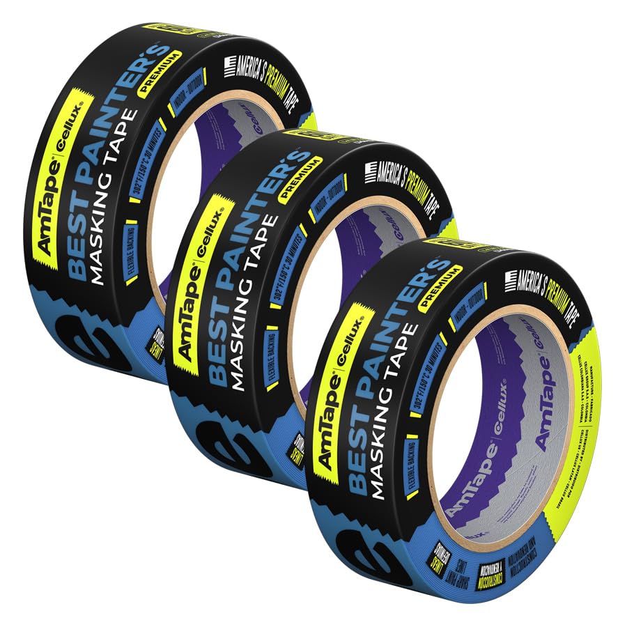 AmTape Premium Best Painter’s Masking Tape, Solvent & Moisture Resistant, 60-Day Clean Removal, Super Washi Painter’s Tape for Walls, Ceilings & Trim, Blue (2" - 3pk)