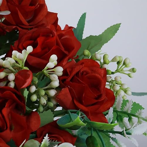 Miniatura 3 de LESING Ramos de flores artificiales de hortensias de seda con jarrón, flores falsas rústicas para decoración del hogar, centro de mesa (rojo clarete)