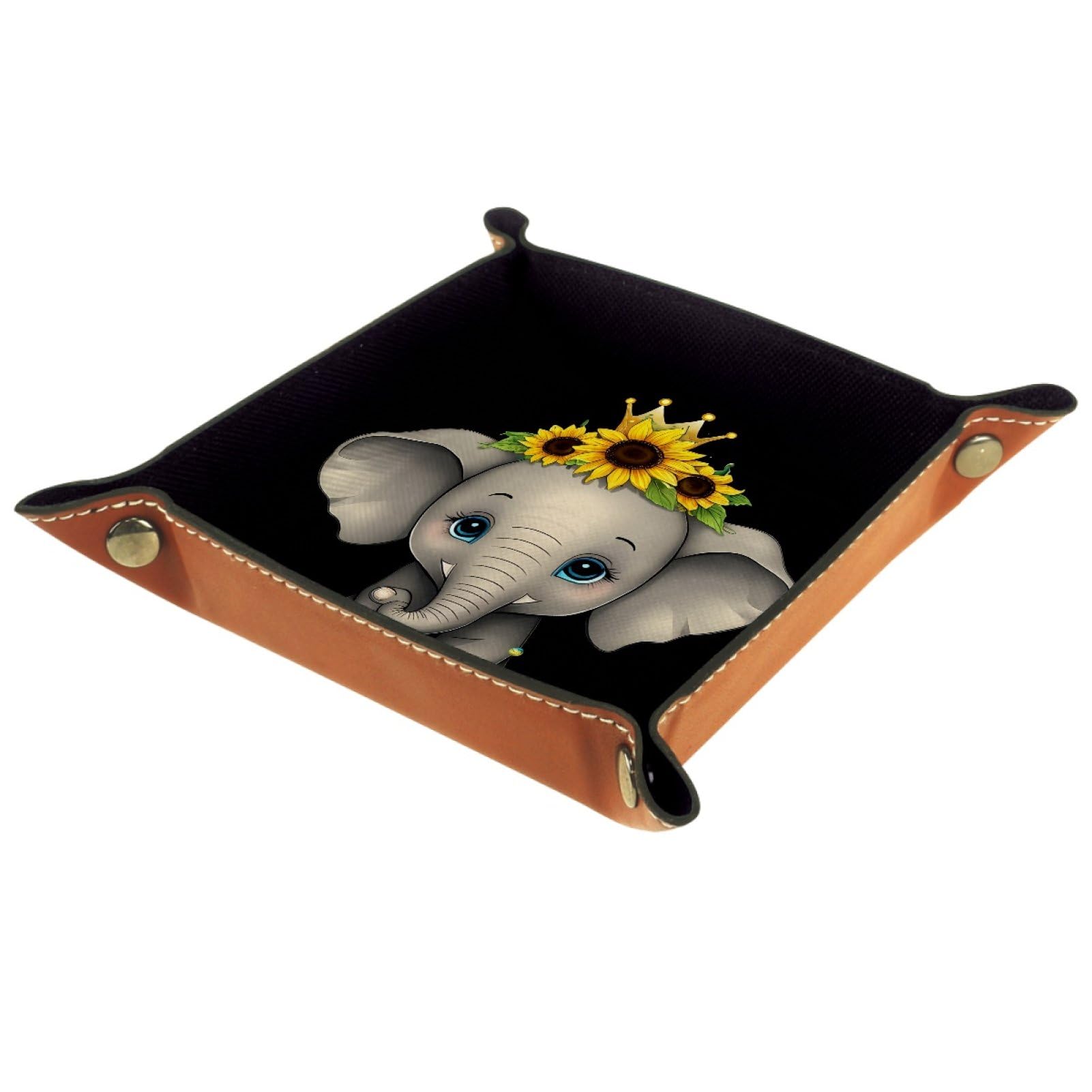 VAPOKF Elephant Sunflowers Portable Dice Rolling Tray, Microfiber Leather Dice Holder Game Box for D&D, RPG, Table Games or Desktop Phone Key Storage, 20.5 × 20.5 cm