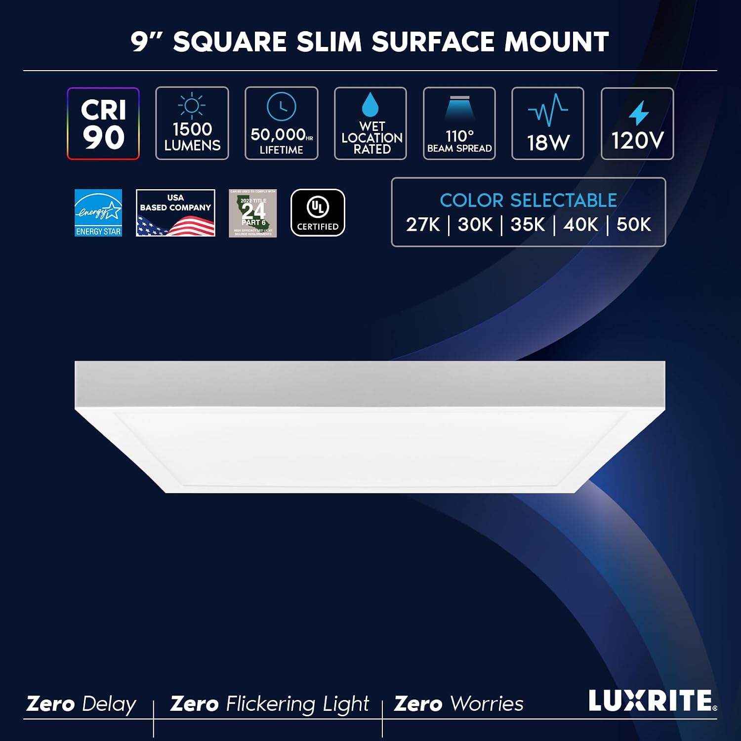 LUXRITE 9 Inch LED Flush Mount Ceiling Light, LED Surface Mount, 5CCT 2700K-5000K, 1500 Lumens, CRI90, 110° Beam Angle, 18 Watt, Dimmable, Wet Rated & UL Listed, Square Slim Trim (4 Pack)