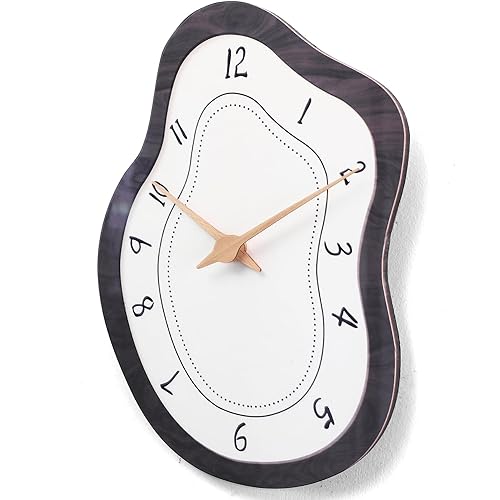 Mid Century Wall Clock Retro Irregular Non-Ticking Modern Battery Operated Analog Wall Clock Neutral Large Display Brown Clock Silent Clocks for Kitchen Living Room Bedroom Office Decor 14 Inch