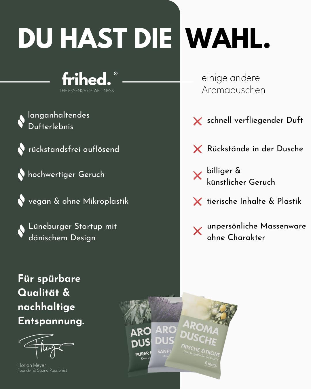 frihed.® Aromaduschen – 6 Duschtabs - Duschbomben mit ätherischen Ölen (Zitrone, Eukalyptus, Lavendel) – Spa‑Feeling für Dusche, Bad & Sauna – Geschenkideen (Lavendel, Zitrone, Eukalyptus)
