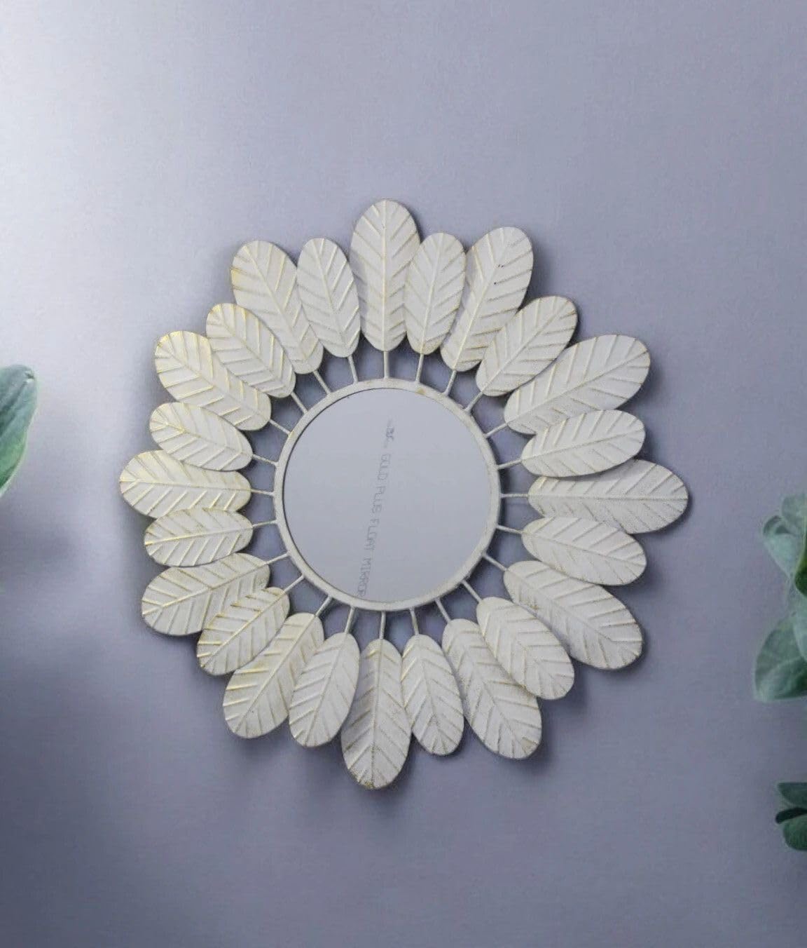 Malik Designs Handcrafted White Father Leaf Round Metal Mirror for Home Decor- Decorative Mirror (Round Finish : Matte)