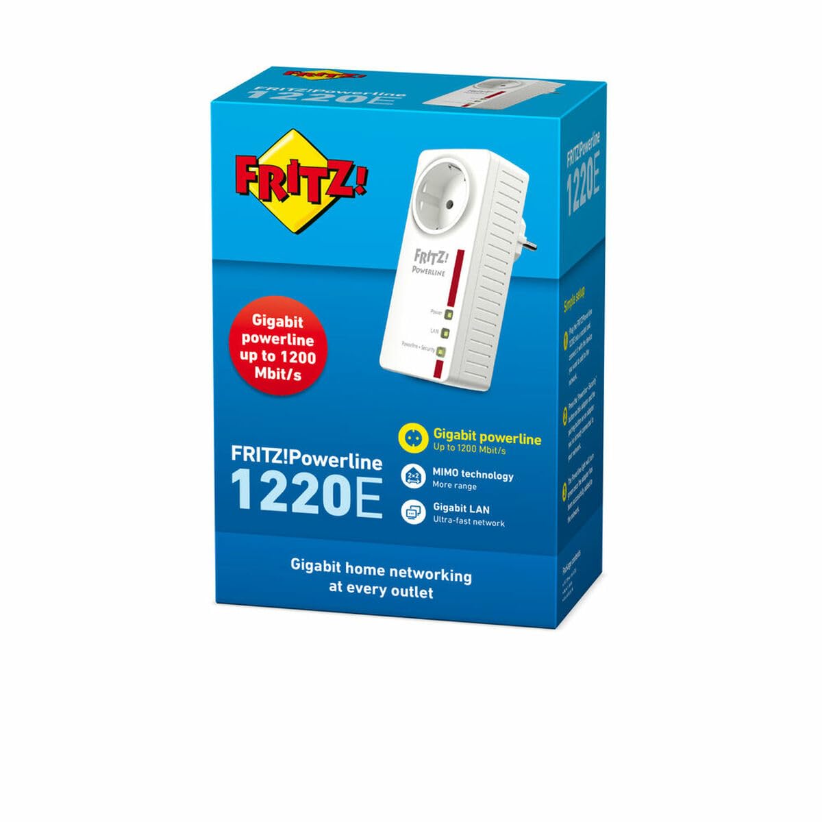 FRITZ!Powerline 1220E Edition International, adattatore extender su rete elettrica fino a 1.200 Mbit/s, PLC, IEEE P1901, 2x Gigabit LAN, Interfaccia in italiano
