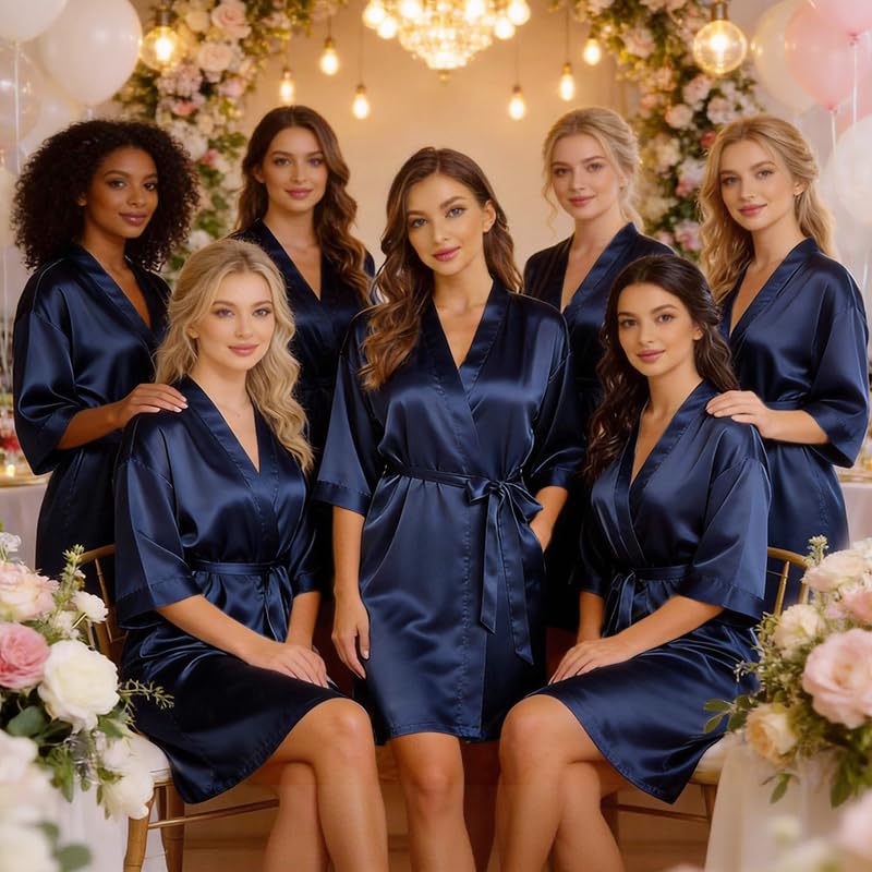 Image of Women's Bride Bridesmaid Robes Short Satin One Size Silver Rhinestones Wedding Party Getting Ready Sleepwear