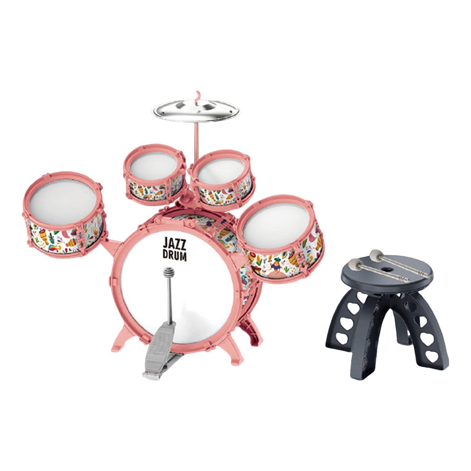 Batería Infantil Kit de Tambor para Niños Instrumento Musical Percusión Educativo PVC con Silla Estimula Adecuado para Fiestas Reuniones de, Rosa