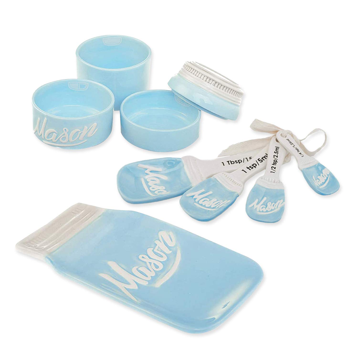 Goodscious 3-Piece Mason Jar Kitchen Ceramics - Adorable Mason Jar Cups & Kitchen Tools Set | Spoon Rest, Measuring Cups, Measuring Spoons | Dishwasher & Microwave Safe by (Blue)