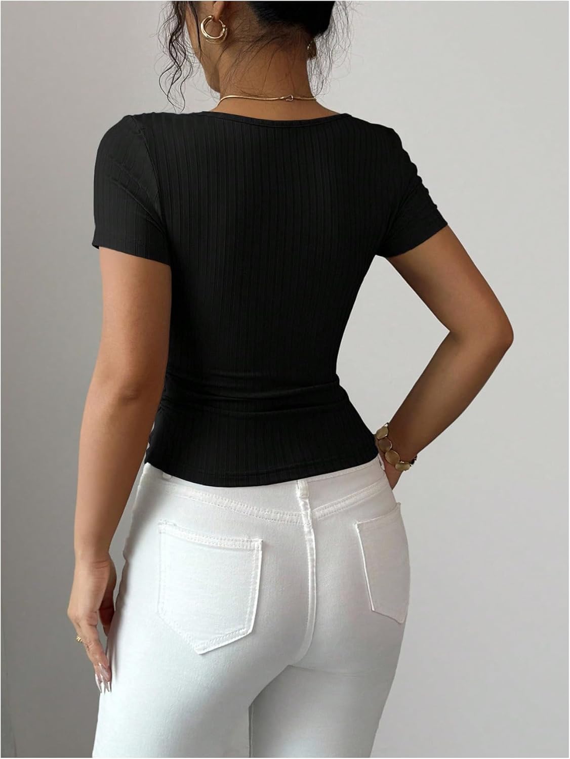 OYOANGLE Women's Square Neck Short Sleeve T Shirt Elegant Bow Ribbed Knit Fitted Summer Top - Image 2