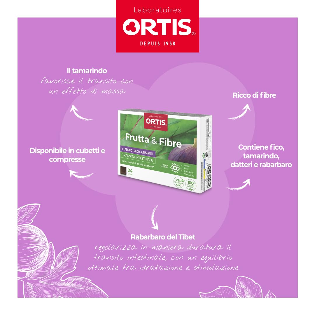 Ortis - Frutta & Fibre Classico 24 Cubetti - Integratore Alimentare Che Aiuta a Regolare il Transito intestinale - Pigrizia intestinale Frequente -100% Naturale a Base di Rabarbaro e Fichi