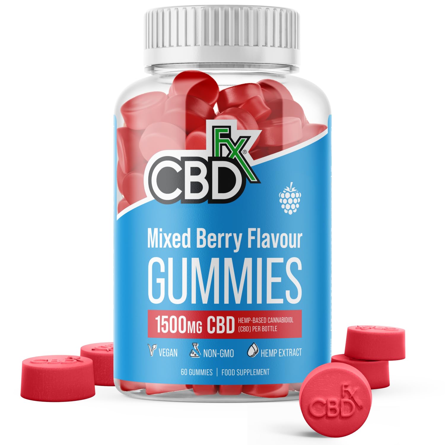 CBDfx 1500mg High Strength Mixed Berry CBD Gummies, 25mg per Gummy, Natural Sleep and Anxiety Support, Vegan Gummies No THC (60x Bottle)