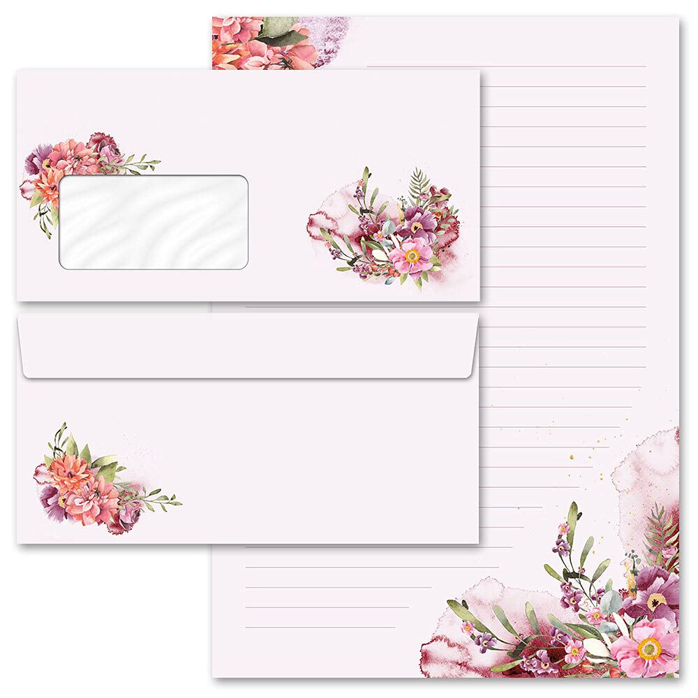 40-pc. Complete Set Flowers & Petals, Flower TIME 20 Sheets of Stationery Paper + 20 Matching envelopes DIN Long with Windows