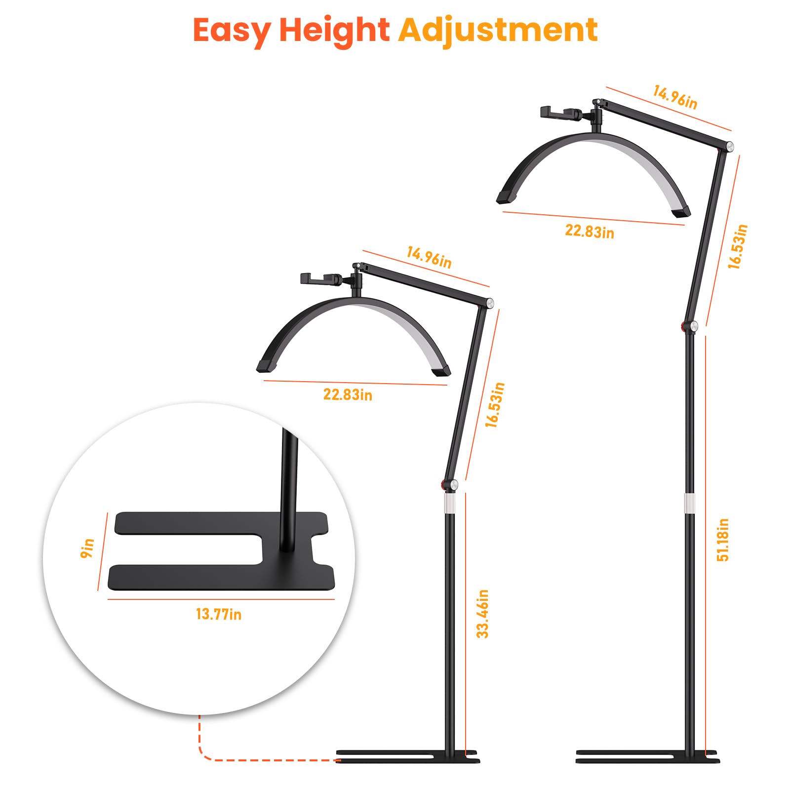 Andoer Luz de relleno en forma de media luna de 36 W, luz de video LED de piso de 23 pulgadas, luz de pestañas ajustable de 3200 K-5600 K, luz de estudio con control remoto de soporte, lámpara de luz