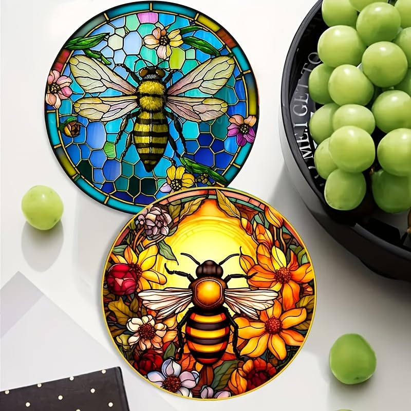 Image of 6pcs Artistic Bee and Floral Wooden Coasters - Painted Glass Effect, 3.93x3.93 Inches - Perfect for Coffee Cups, Home Decor, and Unique Housewarming Gifts, Bee Decor