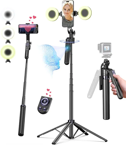 Yeaki 71” Auto Face Tracking Tripod for iPhone with Light,360° Rotating Phone Stand with Rechargeable Remote Control for TikTok Vlog Video Recording, Phone Tripod for Android Camera/GoPro/Ring Light