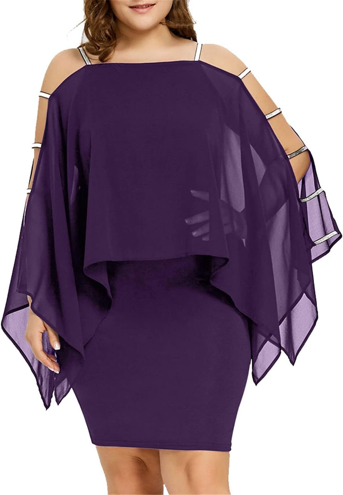 Women's Plus Size Cocktail Dresses for Curvy Cutout Bat Sleeve Chiffon Cape Strapless Bodycon Dress, XL-5XL